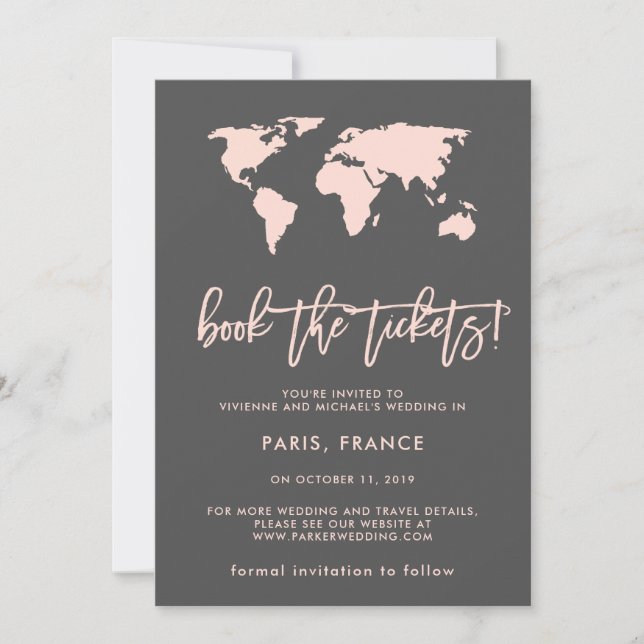Book the Tickets | World Map Grey Save the Date (Front)