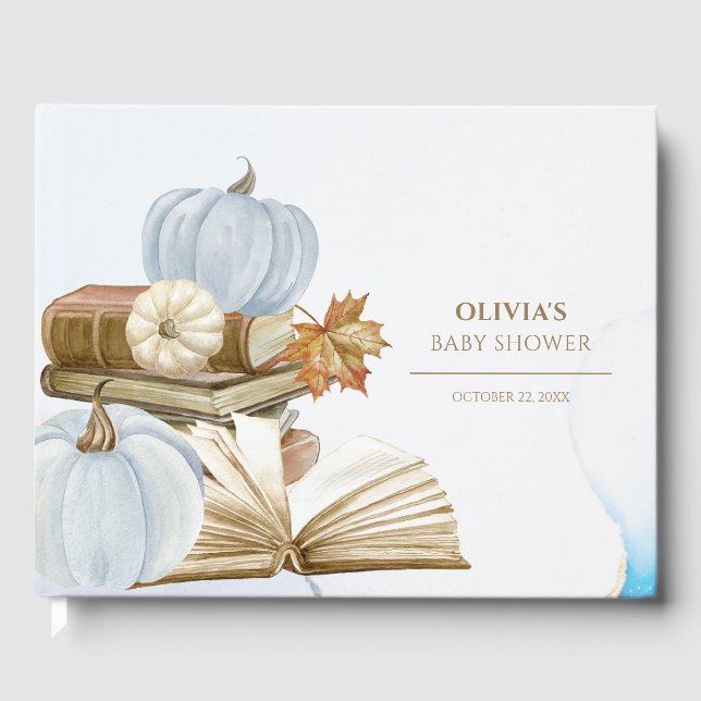 Book Theme Pumpkin Baby Shower Blue Guest Book (Front)