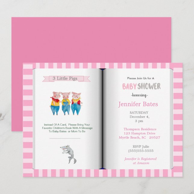 Book Theme Three Little Pigs  Pink Baby Shower   Invitation (Front/Back)