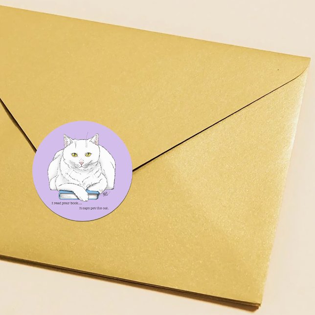 Book White Cat Purple Funny Classic Round Sticker (Creator Uploaded)