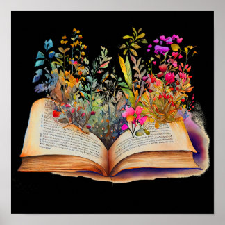 Book with Flowers, Book Lover Gift Poster
