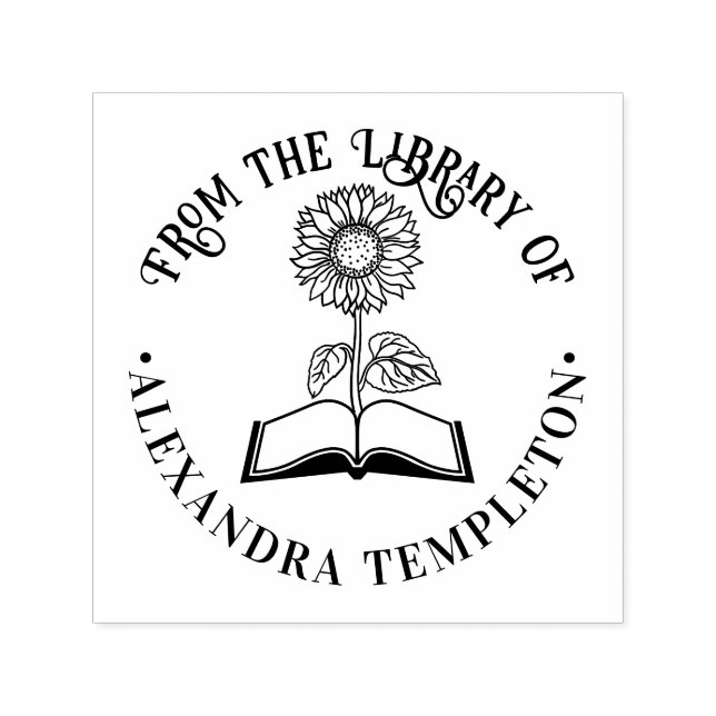 Book with Sunflower “From the library of” Round Self-inking Stamp (Design)