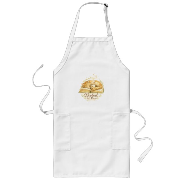Booked All Day | Cozy Cat Reading Watercolor  Long Apron (Front)