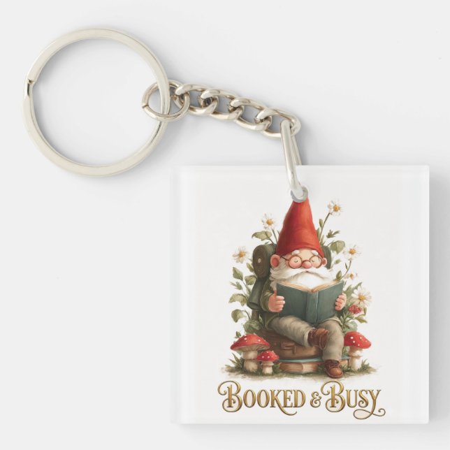 Booked and Busy Reading Gnome Keychain (Front)