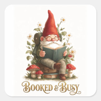 Booked and Busy Reading Gnome Square Sticker