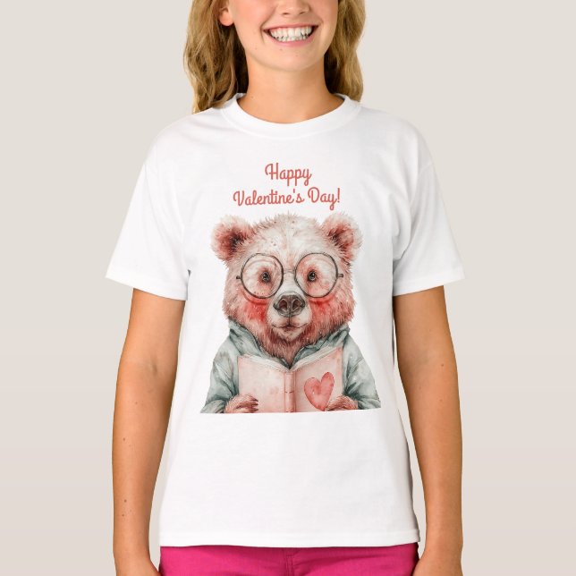 Bookish Bear Valentine`s Day T-Shirt (Front)