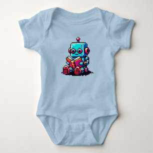 Bookish Bot: Quirky 8-Bit Robot Reading a Book Baby Bodysuit