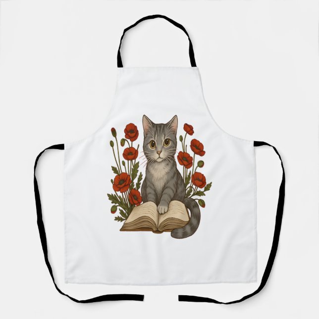 Bookish Cat – Cute Reading Cat With Poppies for Bo Apron (Front)