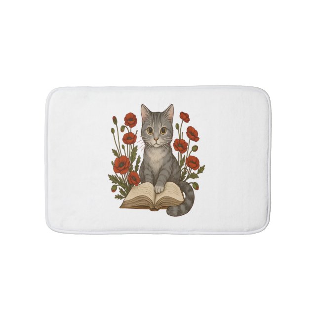 Bookish Cat – Cute Reading Cat With Poppies for Bo Bath Mat (Front)
