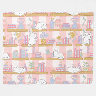 Bookish Cat Gift Pink Pastel Fleece Blanket