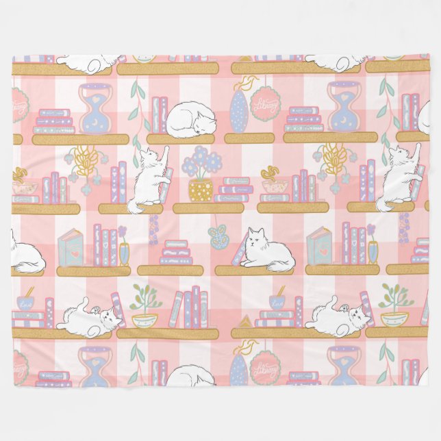Bookish Cat Gift Pink Pastel Fleece Blanket (Front (Horizontal))
