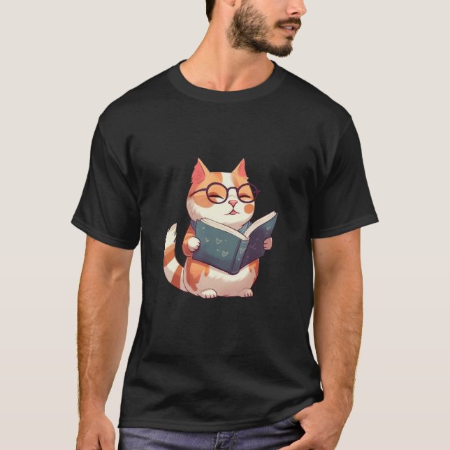 Bookish Cat with Glasses  Cute & Intellectual Desi T-Shirt (Front)