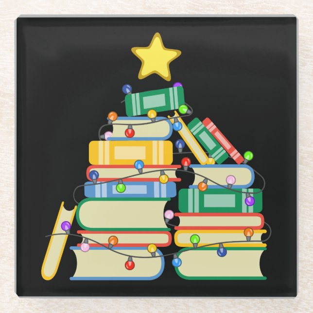Bookish Christmas Tree II Glass Coaster (Front)
