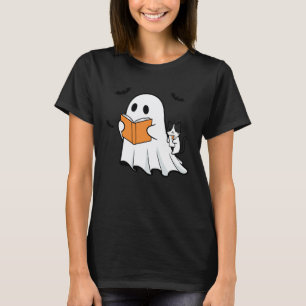 Bookish Ghost Reading with Cat Book Lover Hallowee T-Shirt