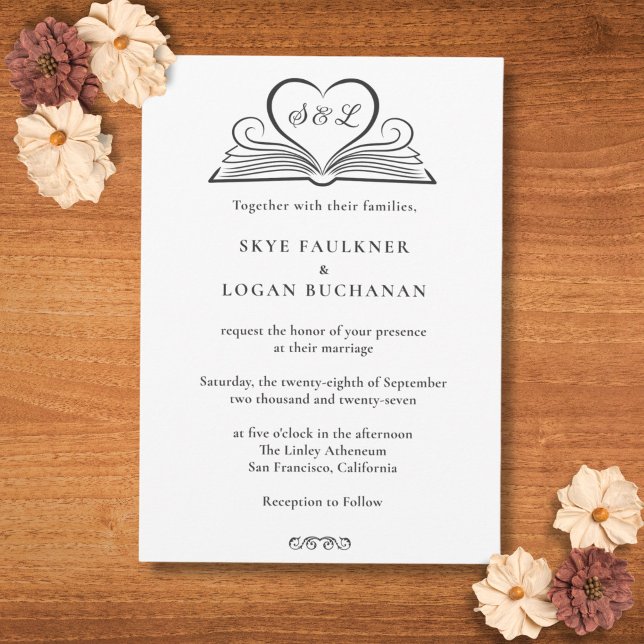 Bookish Heart Monogram Literary Library Wedding Invitation (Elegant book heart  monogram wedding invitation. )