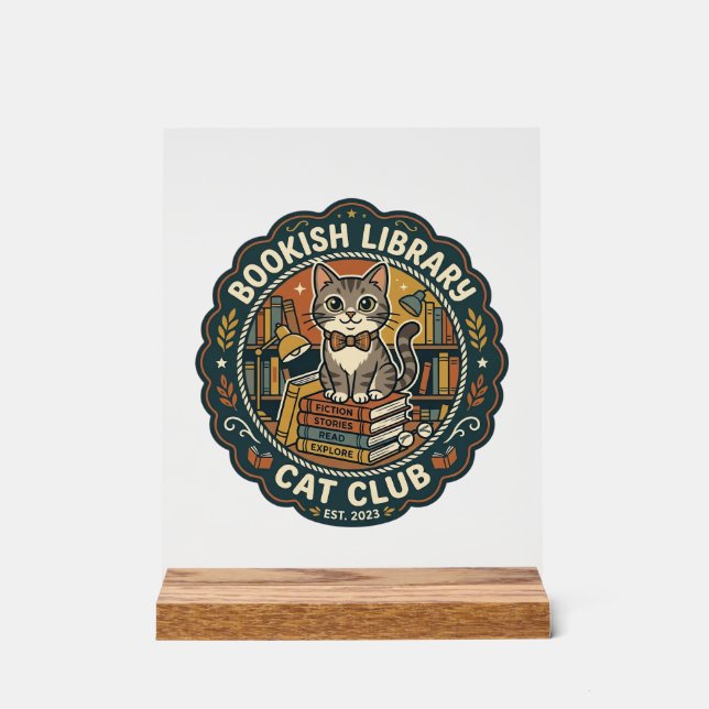 Bookish Library Cat POD Vector Art - Bookish Libra Acrylic Sign (Front)