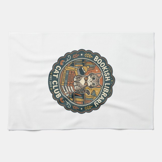Bookish Library Cat POD Vector Art - Bookish Libra Kitchen Towel (Horizontal)