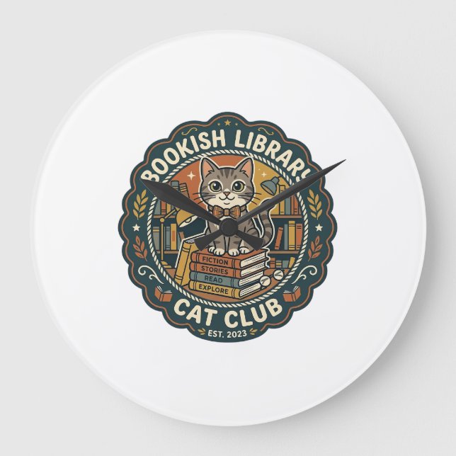 Bookish Library Cat POD Vector Art - Bookish Libra Large Clock (Front)