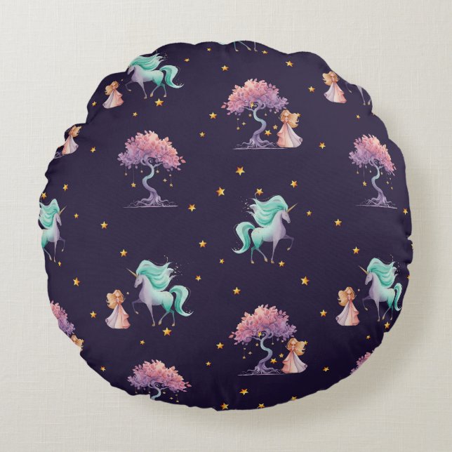 Bookish Magic Unicorn & Storytime Girl Round Pillo Round Pillow (Front)