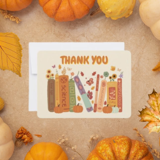 Bookish Pumpkin Orange Oatmeal Flat Thank You Card (Bookish book Lovers oatmeal Flat Thank You Card, Pumpkin and Fall Leaves oatmeal Thank You Card, cut)