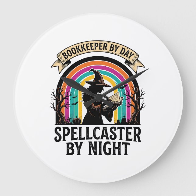 Bookkeeper Witch Retro Halloween Accounting Design Large Clock (Front)