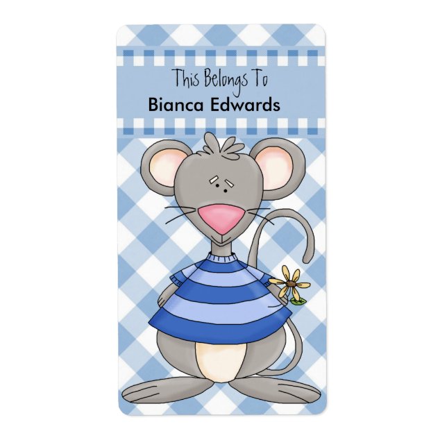 Bookplate Label Teens Kids Book Blue Mouse Check (Front)