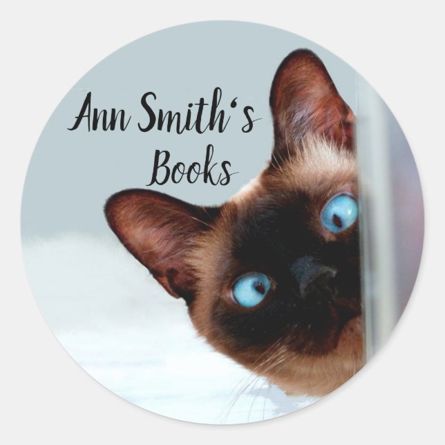 Bookplate to Customize Funny Peeking Cat Classic Round Sticker (Front)
