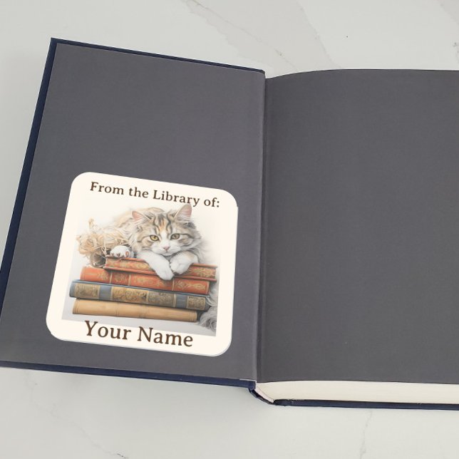 Bookplate with Cat Relaxing on Books Square Sticker (A cat in shown lying on some books on a bookplate inside book)