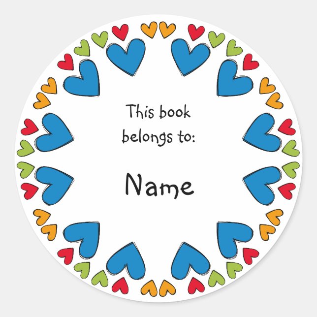 Bookplate with colourful hearts classic round sticker (Front)