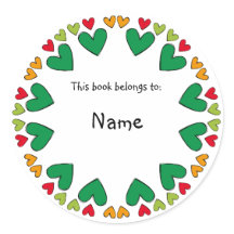 Bookplate with green and red cute heart border