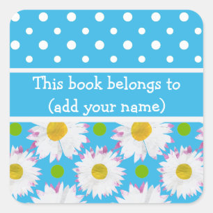 Bookplates to Personalize: Polkas, Daisies on Blue Square Sticker
