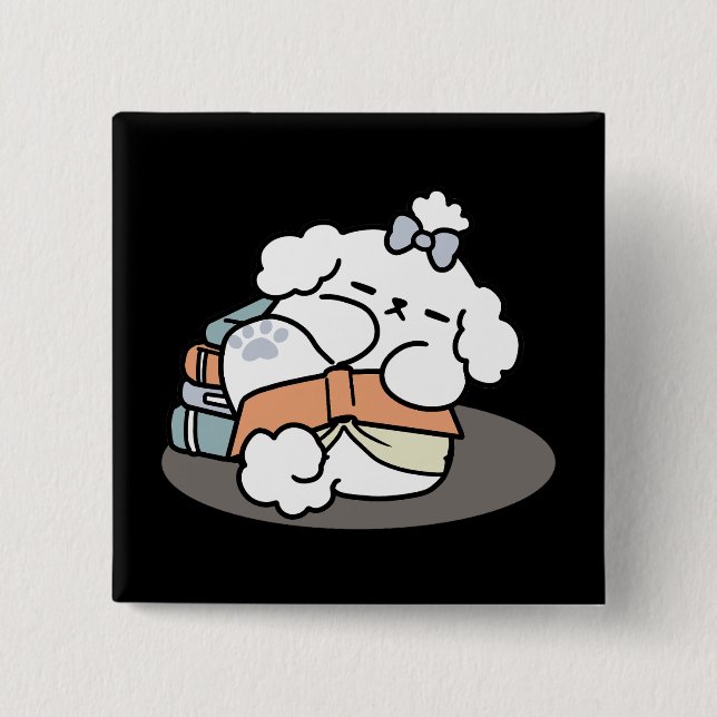 Books and Barks – Cute Sleepy Dog Reading Design 2 Inch Square Button (Front)