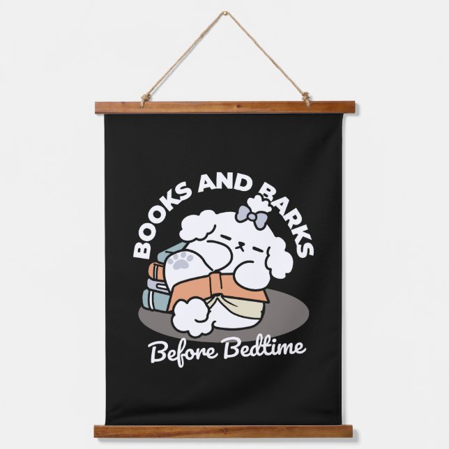 Books and Barks – Cute Sleepy Dog Reading Design Hanging Tapestry (Front)