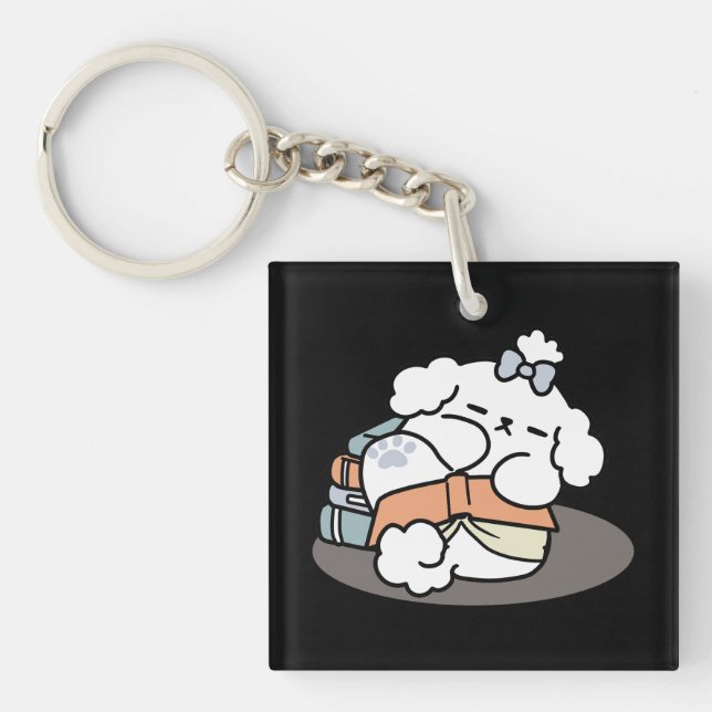 Books and Barks – Cute Sleepy Dog Reading Design Keychain (Front)
