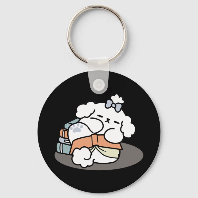 Books and Barks – Cute Sleepy Dog Reading Design Keychain (Front)