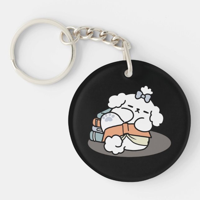 Books and Barks – Cute Sleepy Dog Reading Design Keychain (Front)