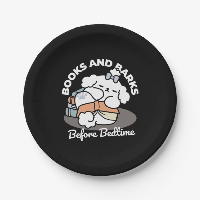 Books and Barks – Cute Sleepy Dog Reading Design Paper Plate (Front)