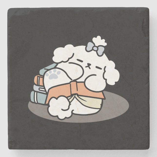Books and Barks – Cute Sleepy Dog Reading Design Stone Coaster (Front)