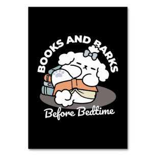 Books and Barks – Cute Sleepy Dog Reading Design Table Number