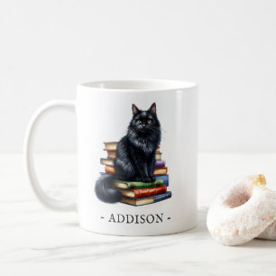 Books and Black Cat Mug with Name Template