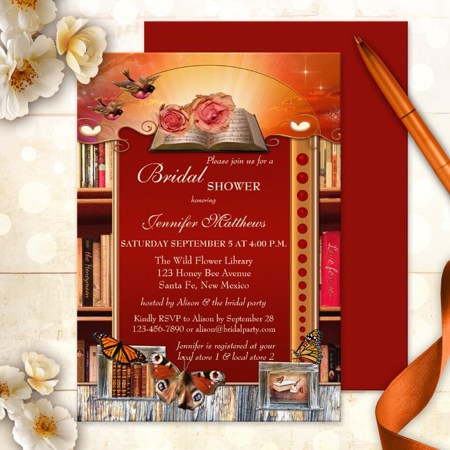Books and Butterflies Bridal Shower Invitation (Bridal shower for book lovers featuring a love story scene with butterflies and library shelves)