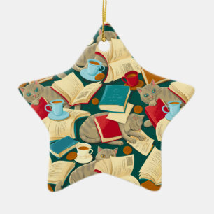 Books and cats ceramic ornament
