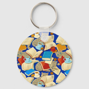 Books and cats on blue keychain