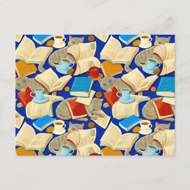 Books and cats on blue postcard (Front)