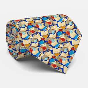 Books and cats on blue tie