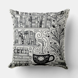 Books And Coffee Colour Me Doodle 2 Throw Pillow
