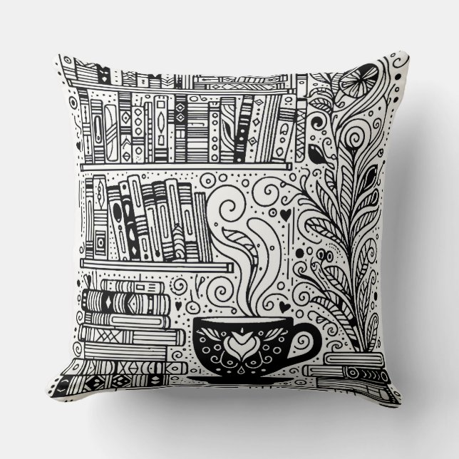 Books And Coffee Colour Me Doodle 2 Throw Pillow (Front)