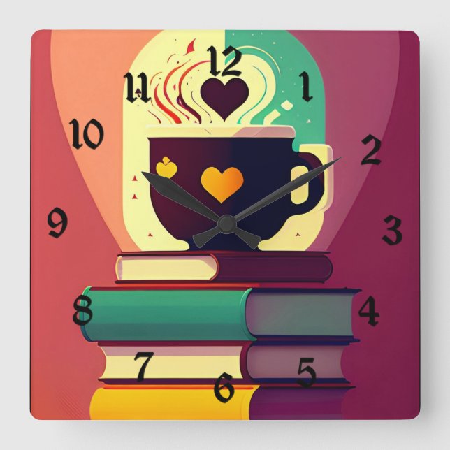 Books And Coffee Square Wall Clock (Front)
