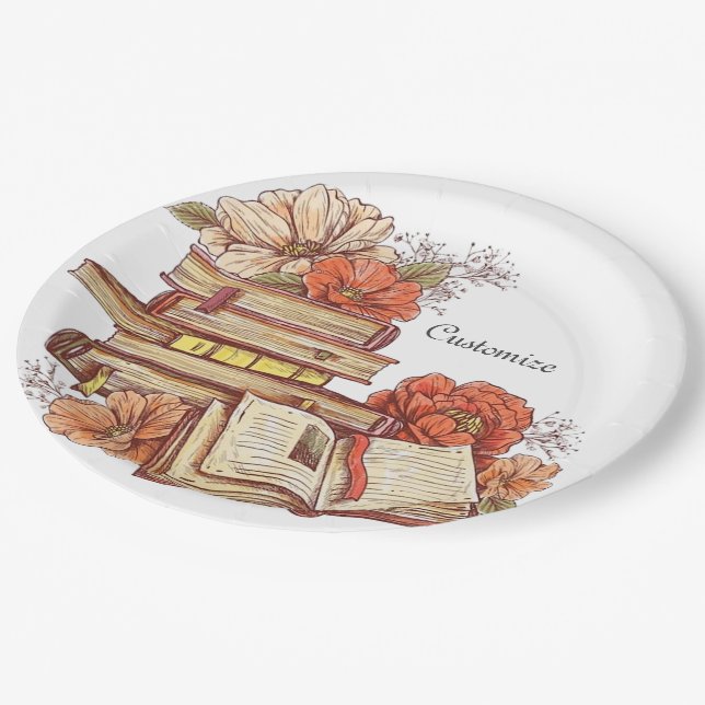 Books And Flowers Round Paper Plate (Angled)