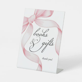 Books and Gifts Pink Coquette Bow Baby Shower Pedestal Sign